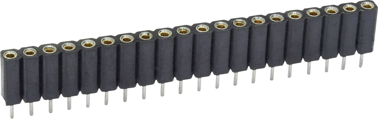 A straight row of black female pin headers, ideal for electrical connections and plug connections.