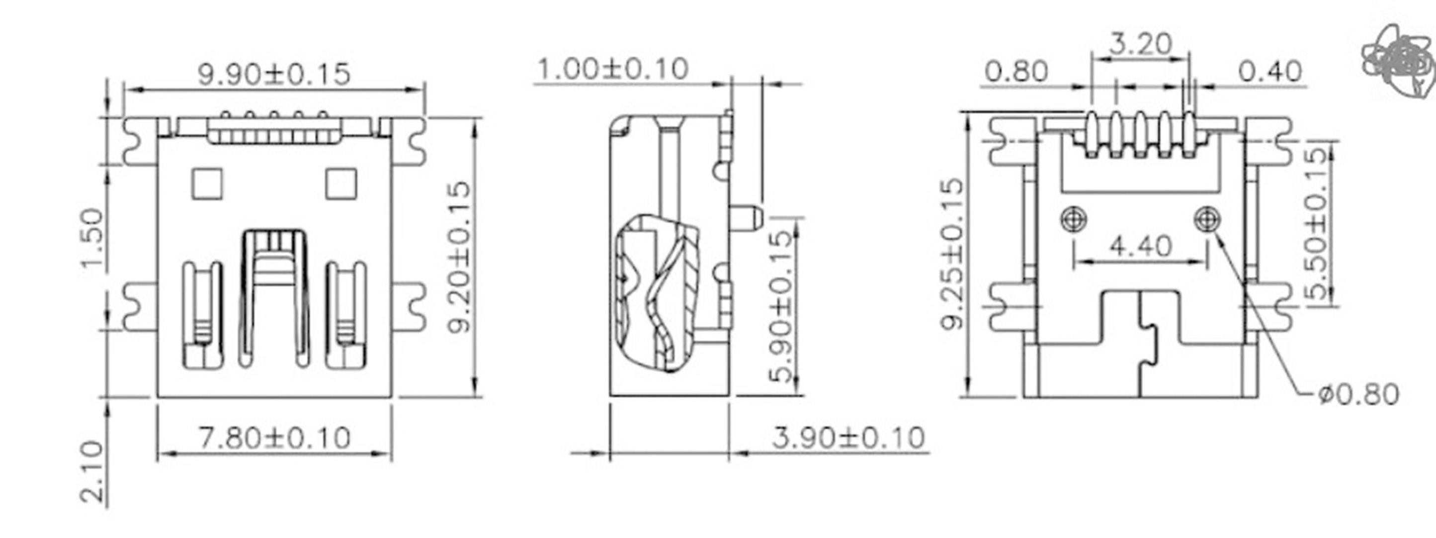 Technical drawing of a connector showing front, side, and rear views. Contains various dimensions in millimetres.