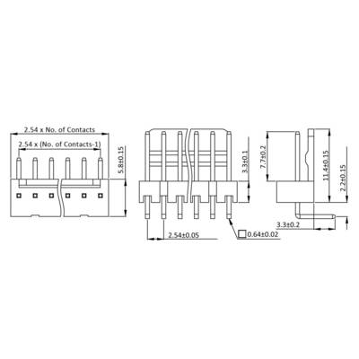 Connector details: Dimensions are 5.8 mm length, 3.3 mm width, 2.2 mm height. Contact spacing is 2.54 mm.