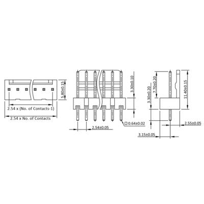 Technical drawing of a multi-pole connector. Dimensions in millimetres: width 2.54, height 11.40. Side and front view.