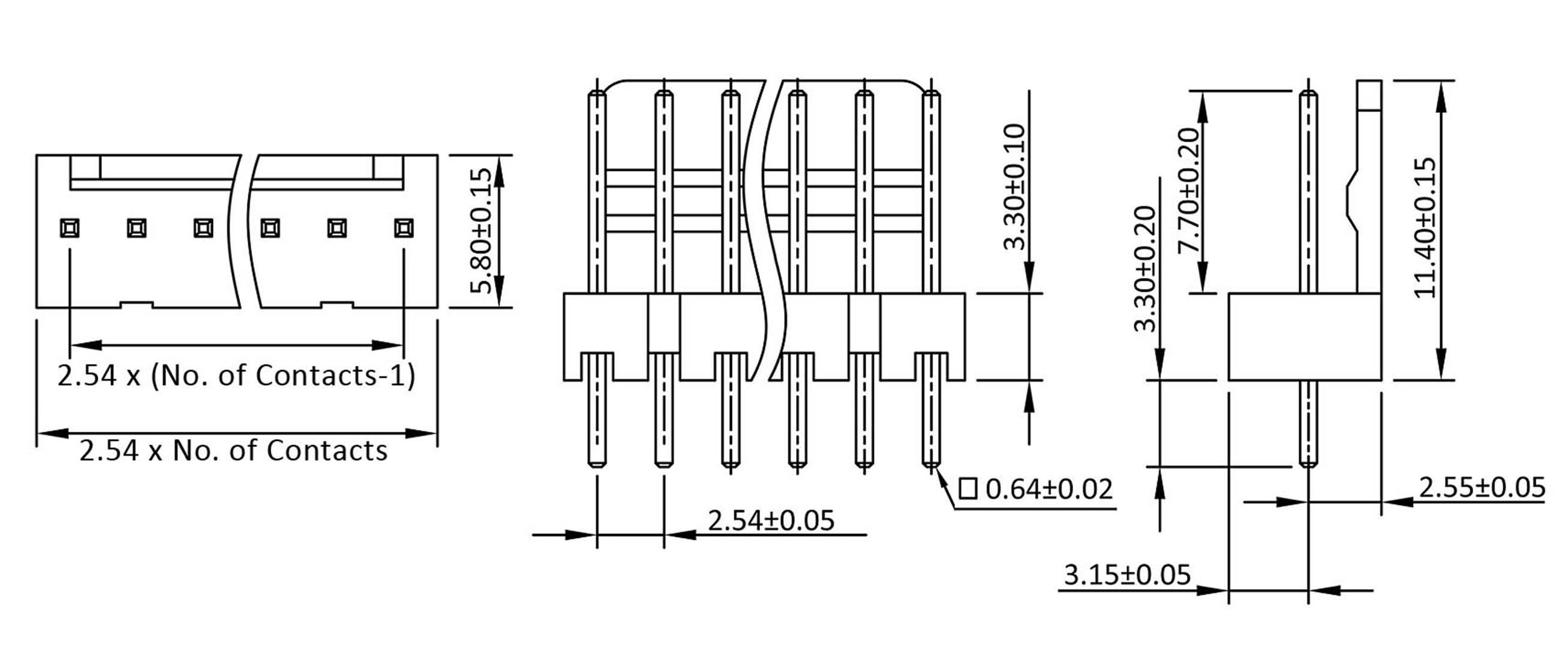 Technical drawing of a connector with dimensions. Left: top and side view; right: side view; measurements in mm.