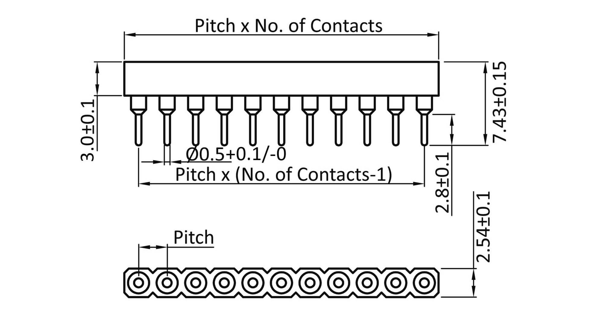 'Diagram of an IC socket with dimensions: Height 3.0±0.1 mm, Width 7.43±0.15 mm. Contact spacing 2.54±0.1 mm, vertical 2.8±0.1 mm.'
