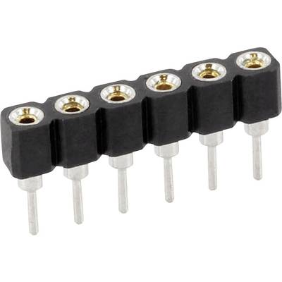 Six-way socket strip with black plastic housing and metallic contacts, suitable for electronic connections.