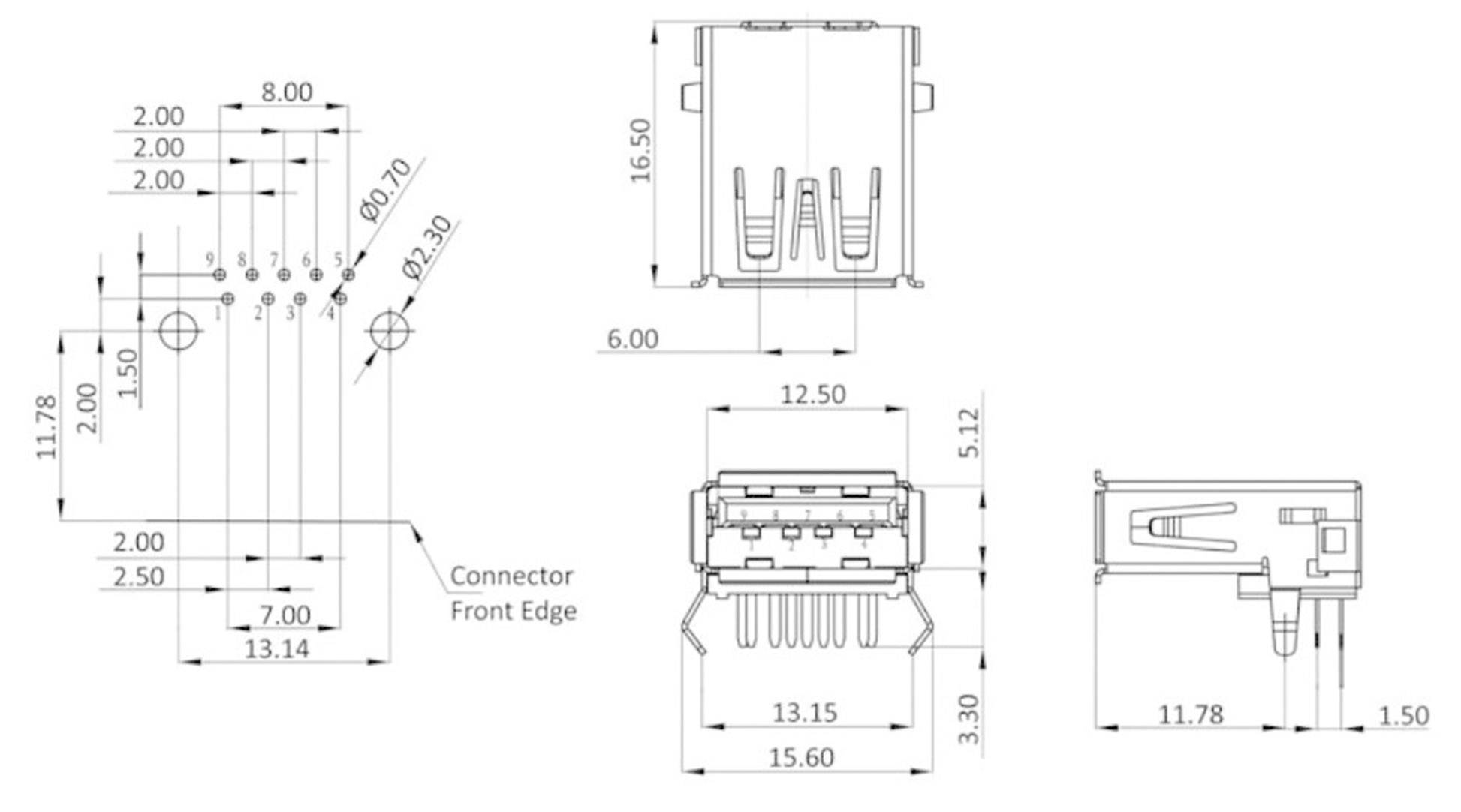 Technical drawing of an electrical connector with detailed dimensions in millimetres from various perspectives.