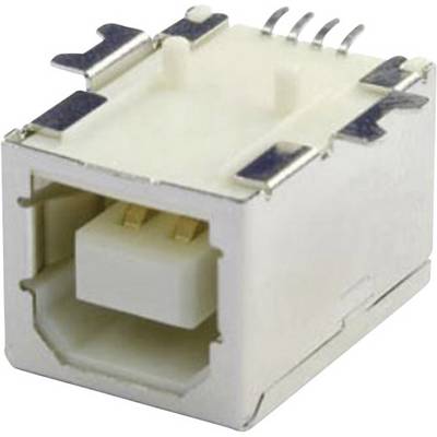 A chrome-plated USB-B socket for technical connections in electronic devices, showing the front view with internal contact pins.