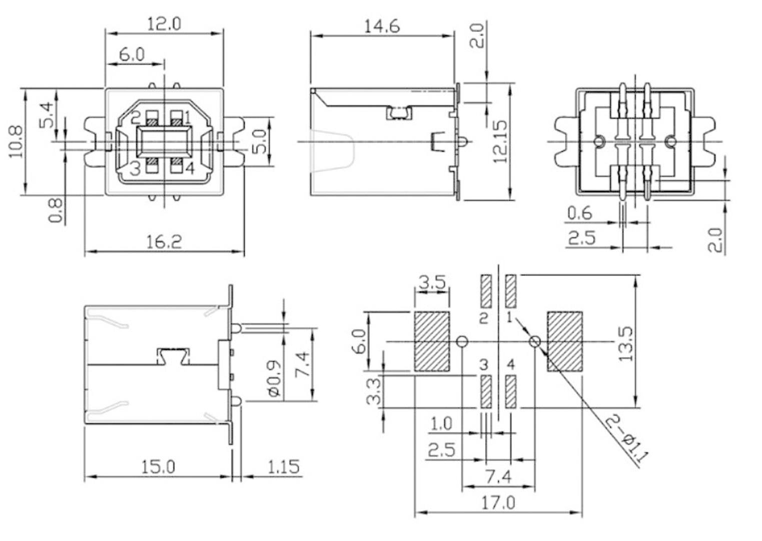 Technical drawing of a connector with dimensions in millimetres. Shows various views and cross-sectional representations.