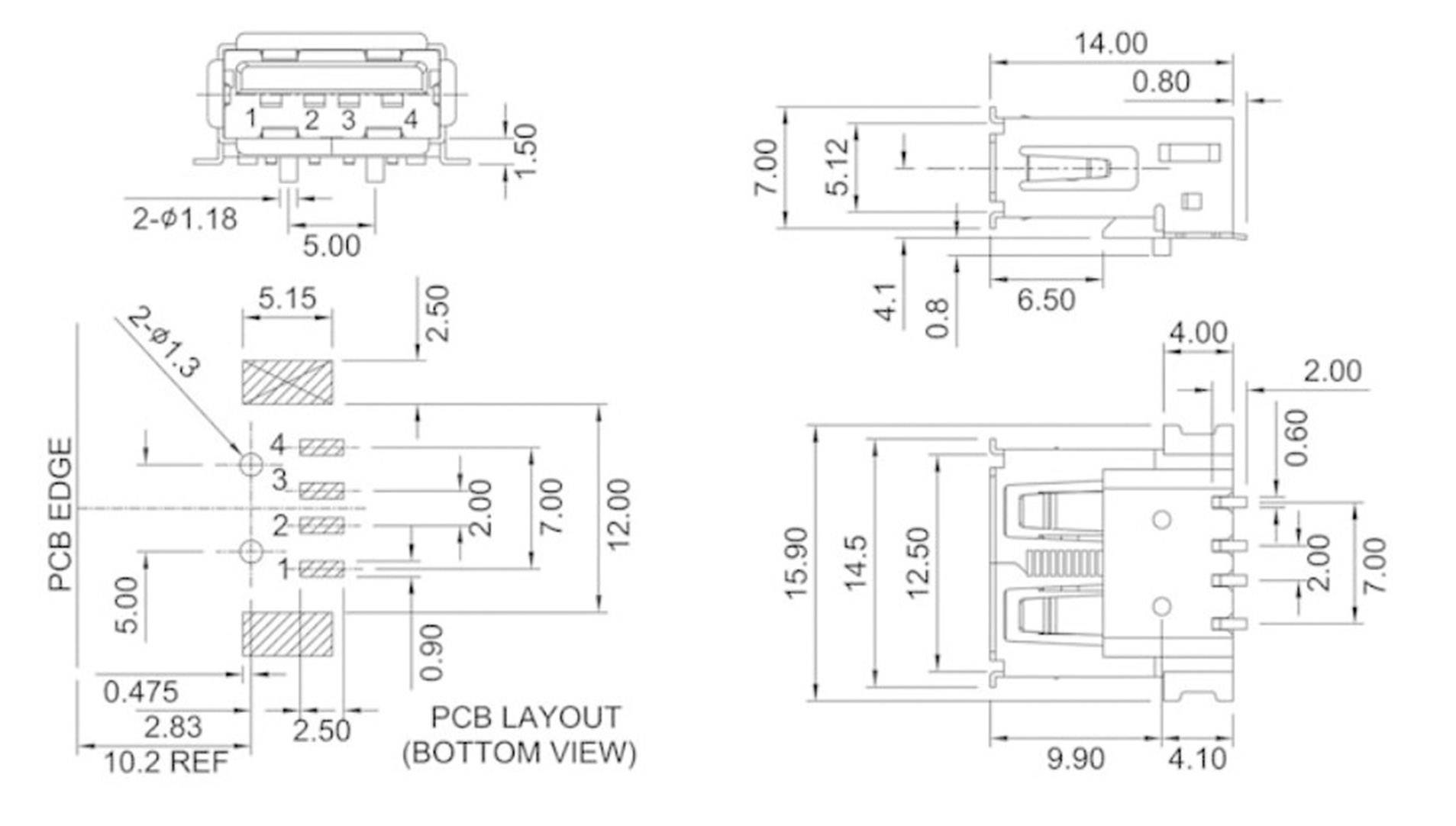 Technical drawing of a USB connector with dimensions and layout for the circuit board, top and side view.