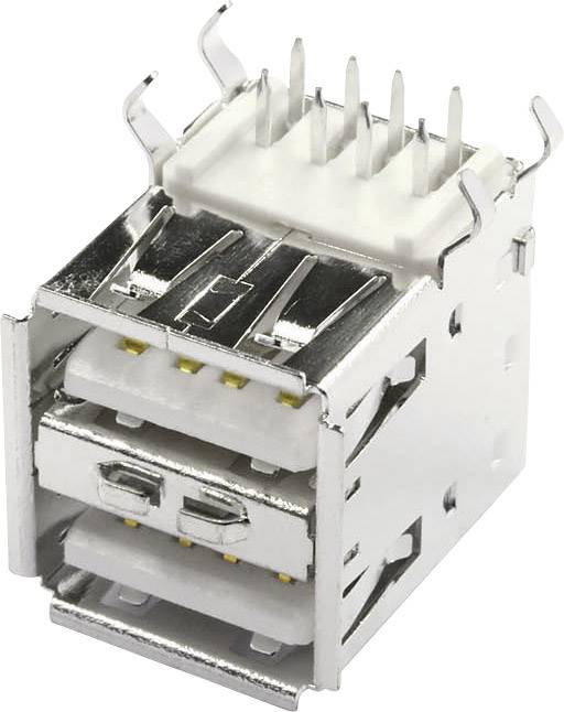 Double USB connector, rectangular, with four metal pins on top and two socket slots at the front for USB connections.