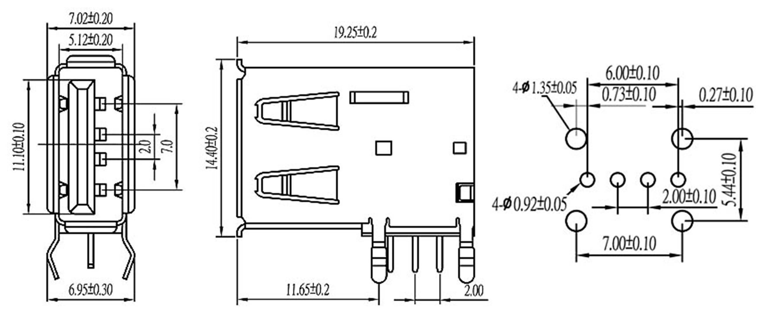 Technical drawing of an electrical connector with dimensions in millimetres. Side and top views are shown.