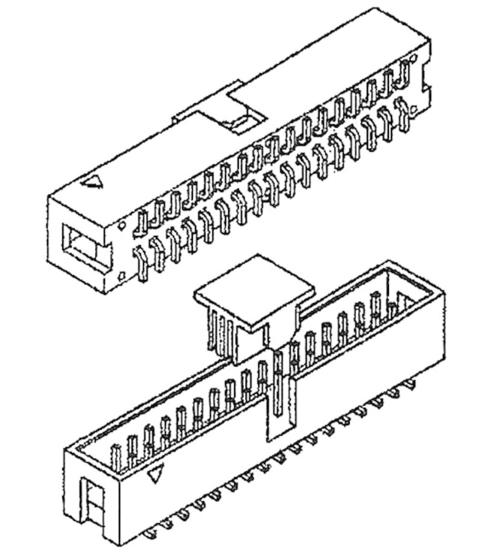 Two technical drawings of electrical connectors, one viewed from above, the other from behind. Both show detailed pin configurations.