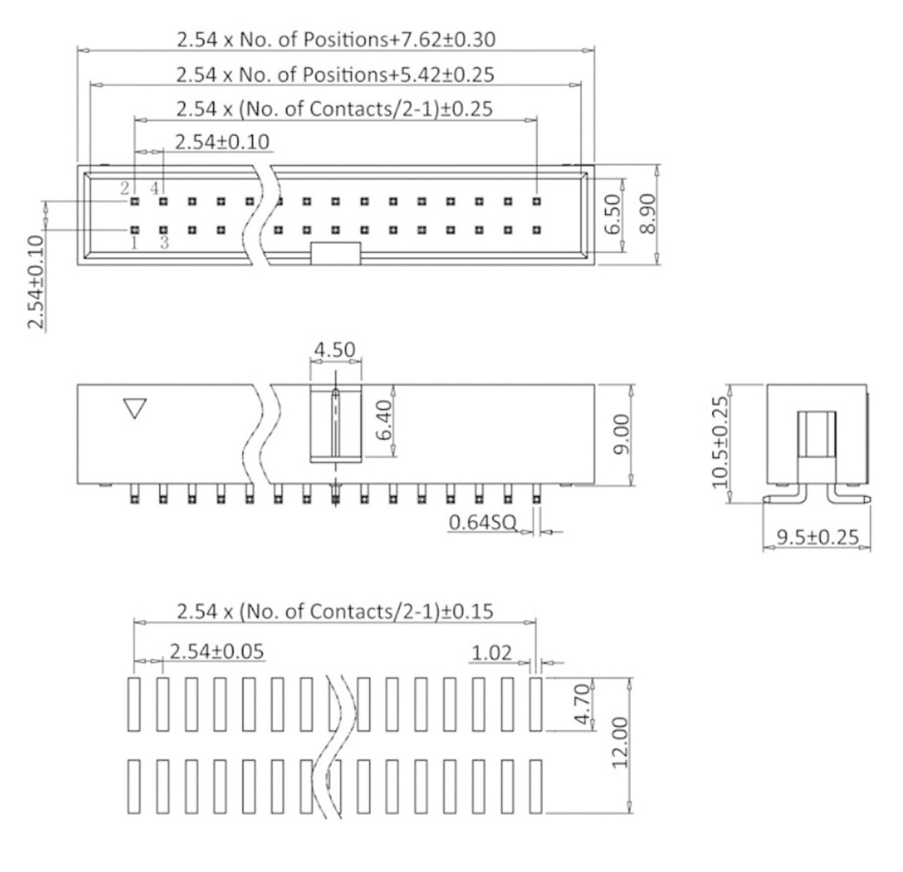 Technical drawing of an electrical connector with dimensions and contacts. Front view, side view, and top view illustrated.