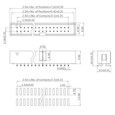 Technical drawing of an electrical connector with dimensions and contacts. Front view, side view, and top view illustrated.