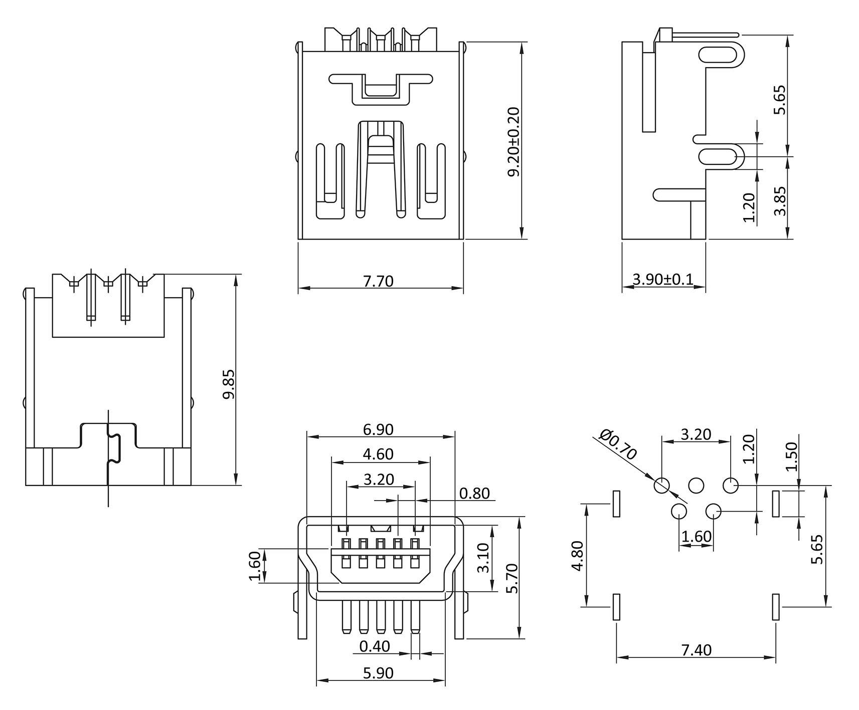 Technical drawing of an electronic connector with dimensional specifications in millimetres. Shows front, side, and top views.