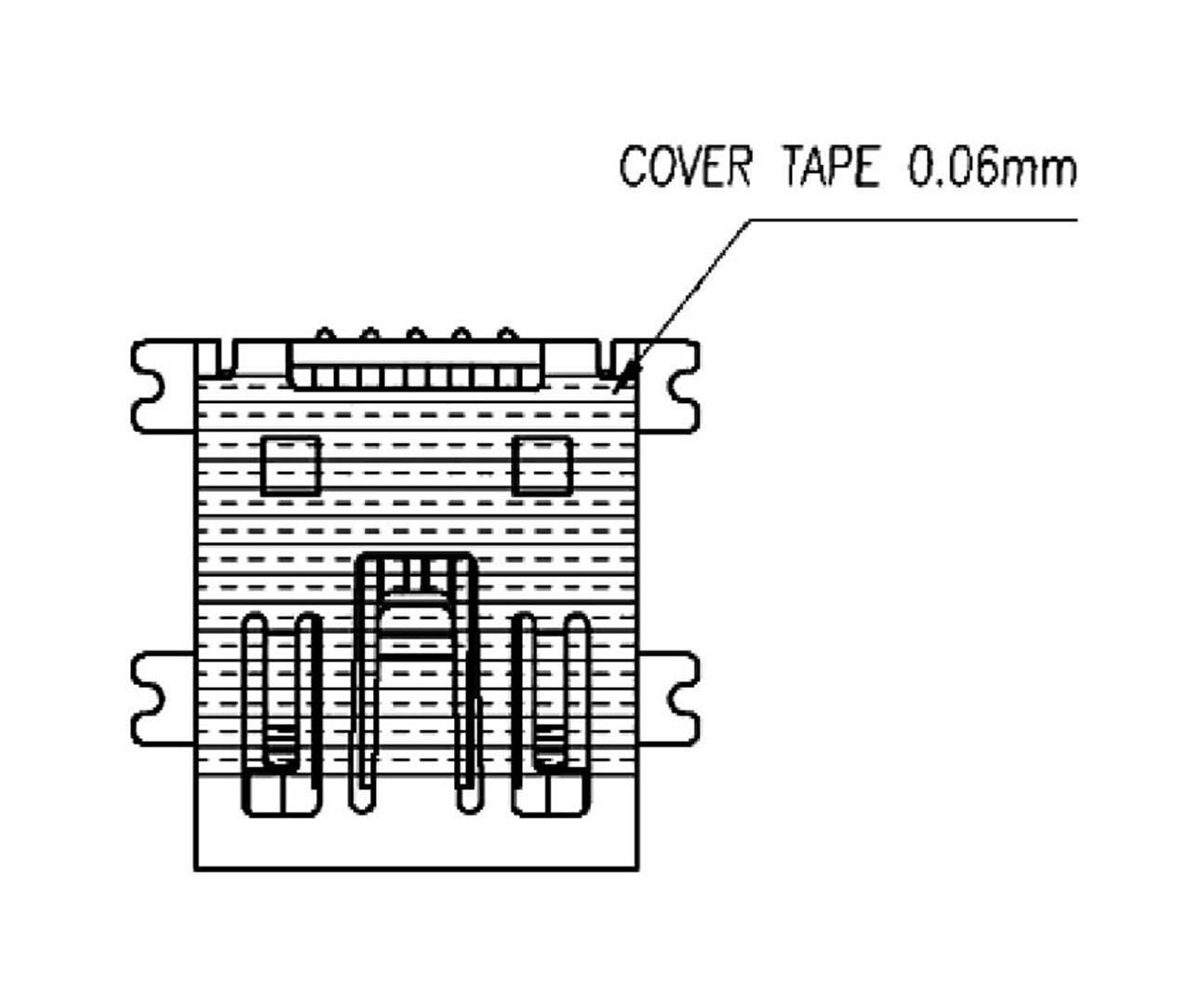 Technical drawing of a component from above, with the label 'COVER TAPE 0.06mm' and markings indicating dimensions.