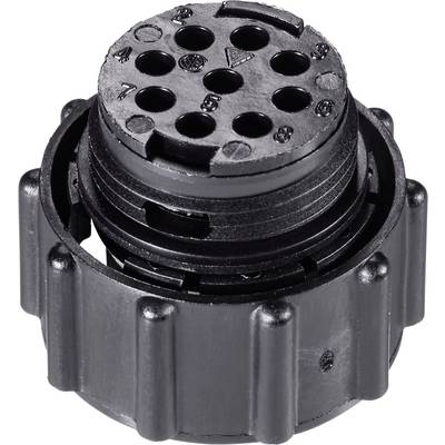Black round plug with multiple holes and numbered connections, suitable for electrical connections.