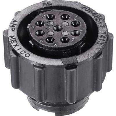 A round black electrical connector with multiple circular pins and markings on the external surface.