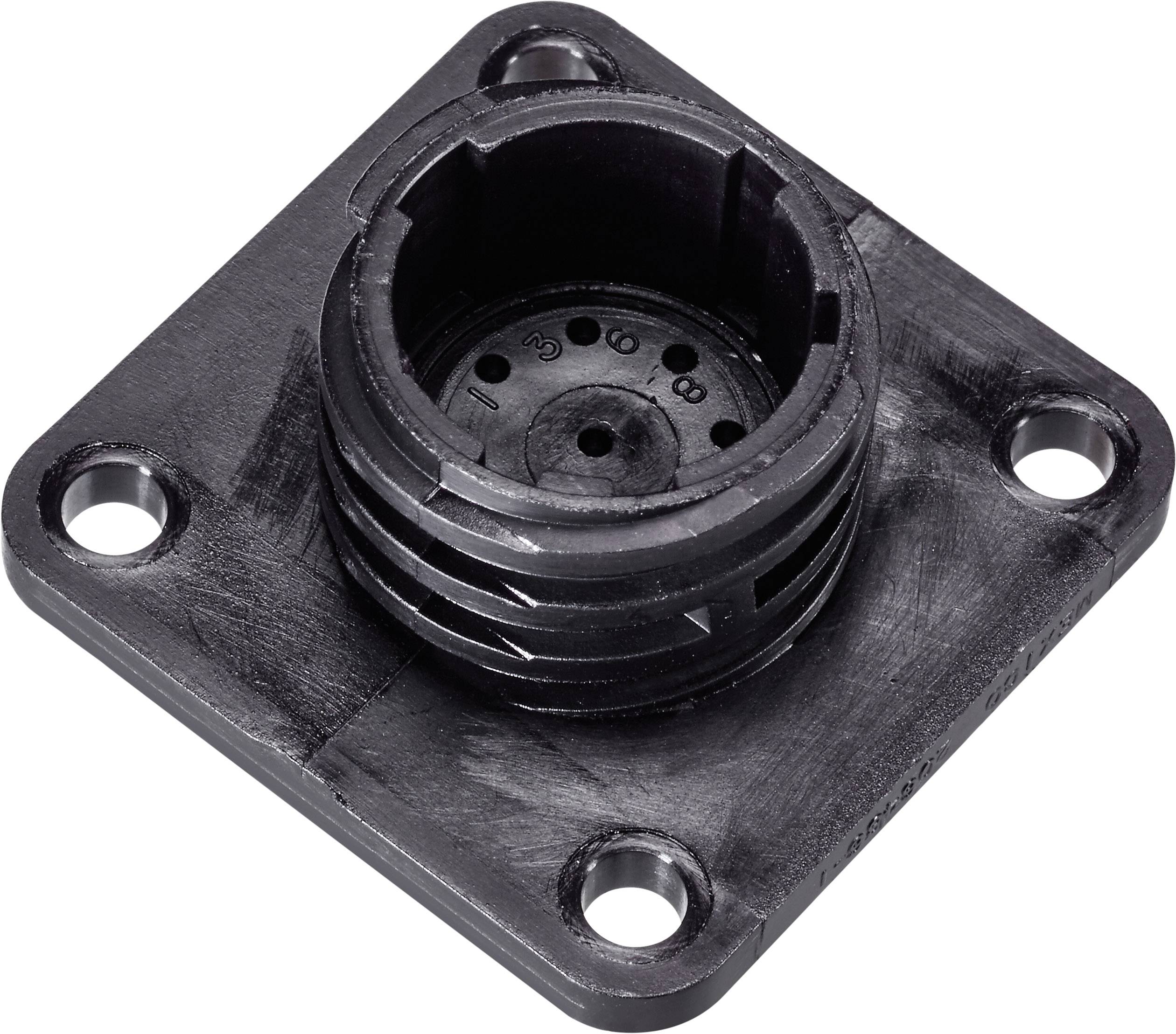 Black, square plastic component with a circular cutout in the centre and four screw holes at the corners.