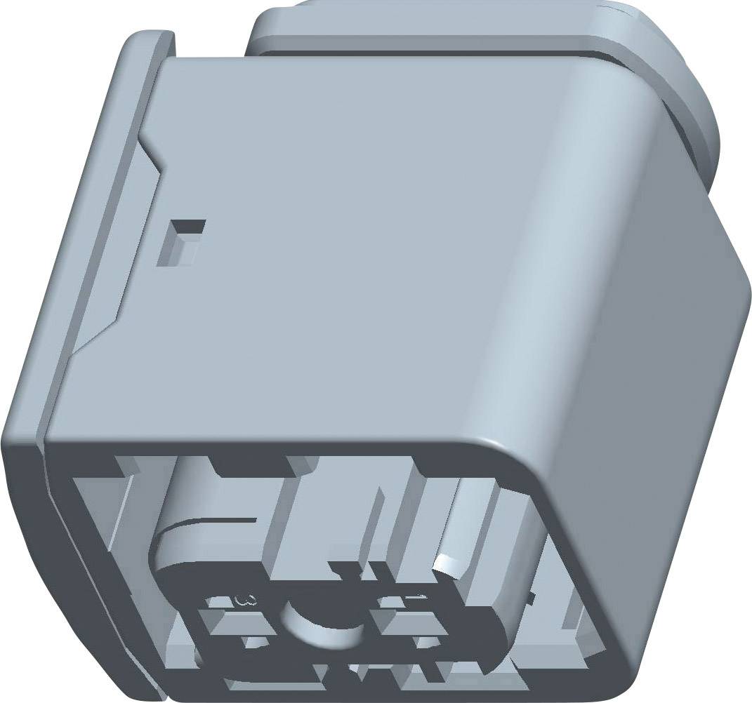Grey, rectangular electronic connector housing with side grooves and multiple connections inside.