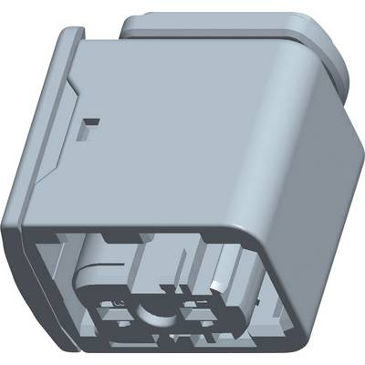 Grey, rectangular electronic connector housing with side grooves and multiple connections inside.