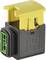 A yellow and black electrical connector with a green insert, used for vehicle connections.