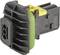 A black, rectangular electrical connector with a yellow clip and green seal, side view.