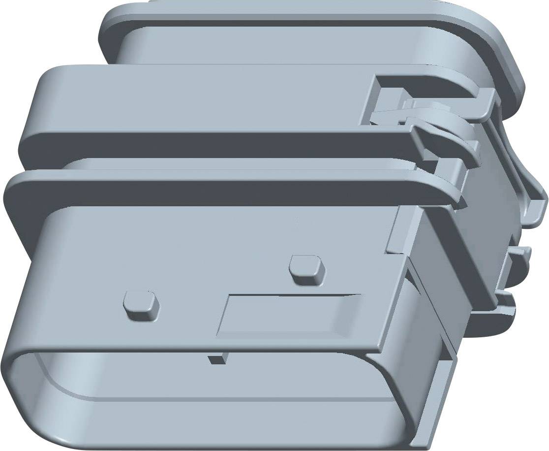Grey, rectangular plastic plug with various recessed and raised areas, for electrical connection.