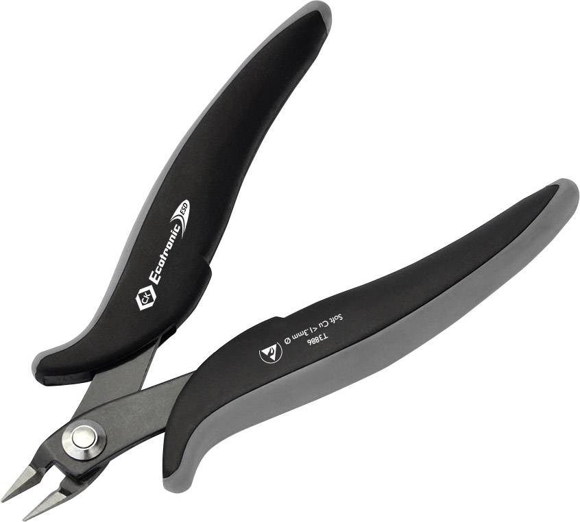 Side cutters with black handles; suitable for cutting wires and delicate workpieces.