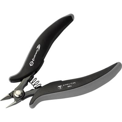 A black electronic side cutter with rounded handles and a sharp cutting edge, suitable for precise cutting in electronics.