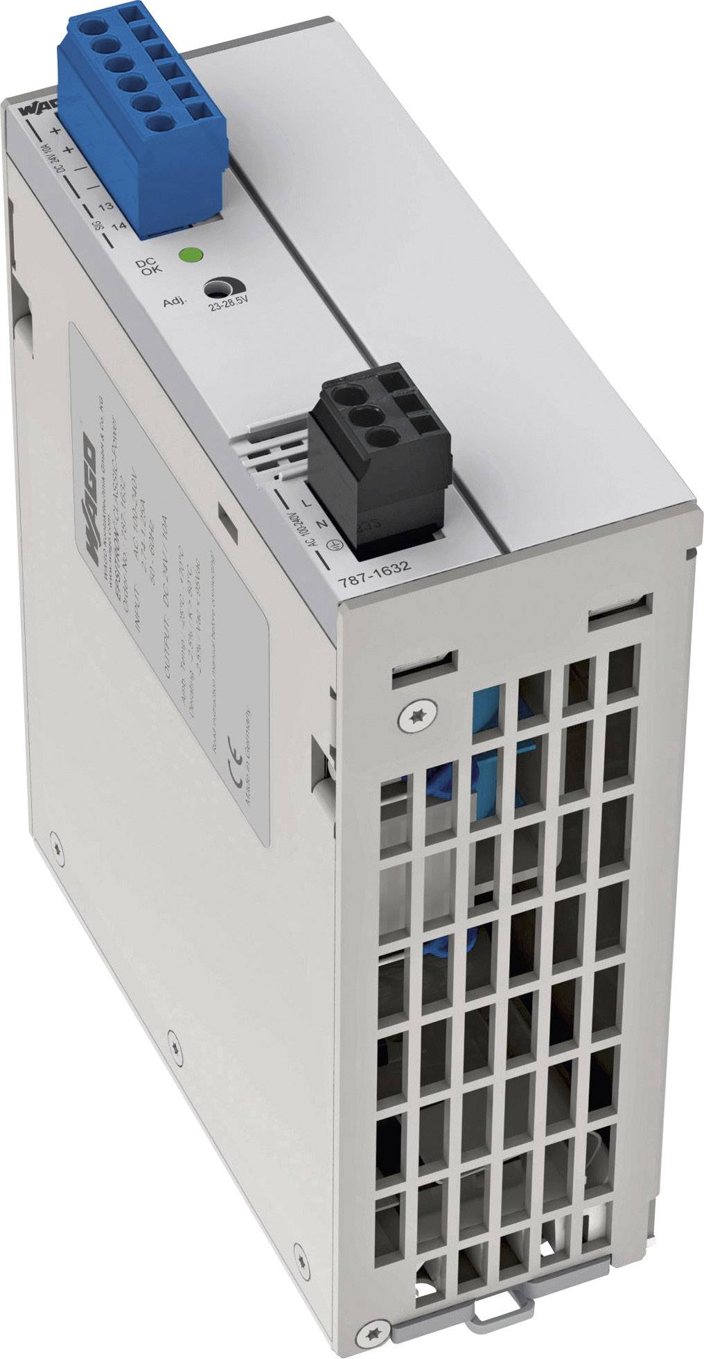 Electronic device in a grey enclosure with blue and black ports on top, ventilation grille on the front.