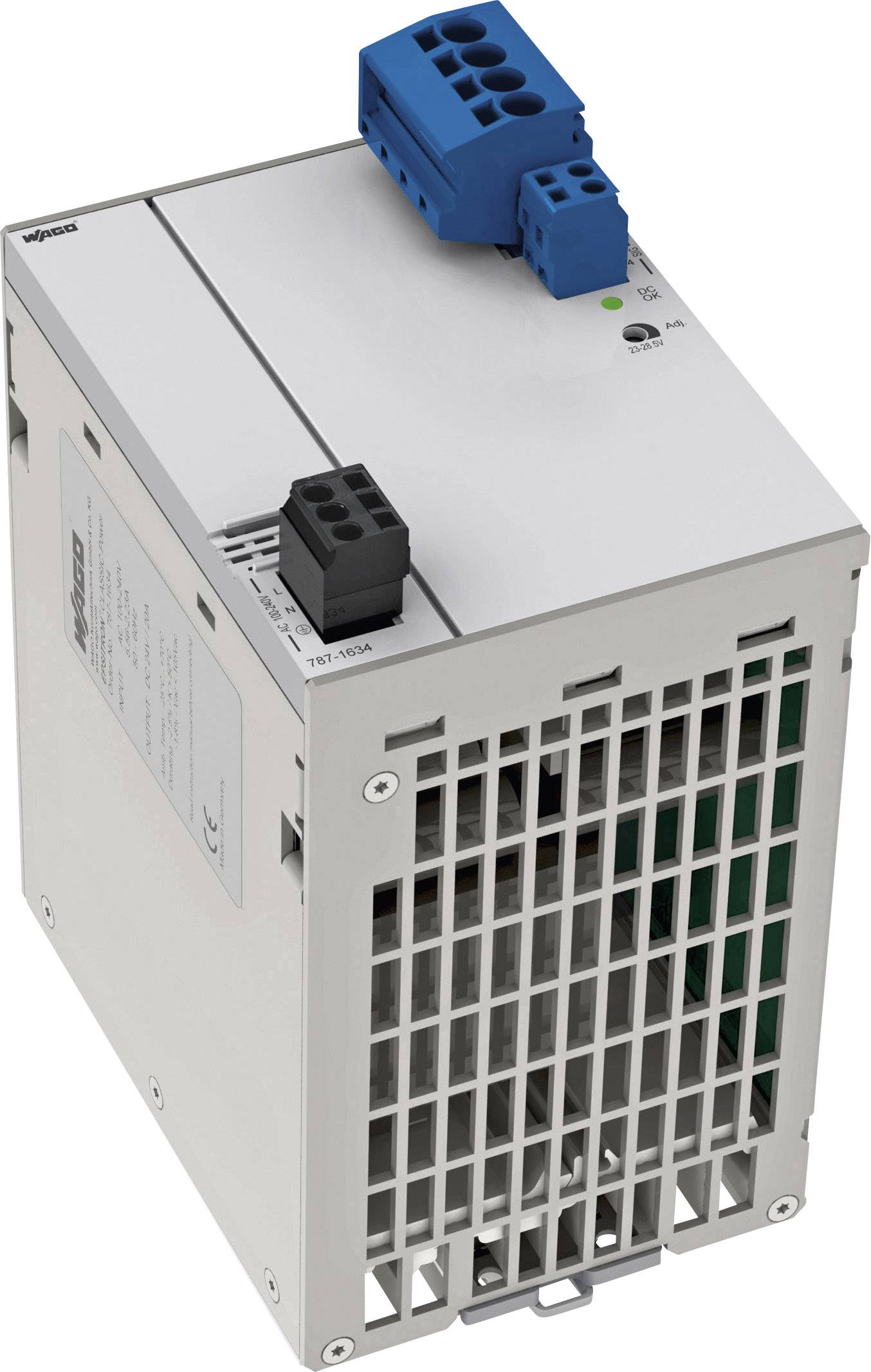 A white electronic device with ventilation grilles and two blue connectors on top. It is a technical piece of equipment.