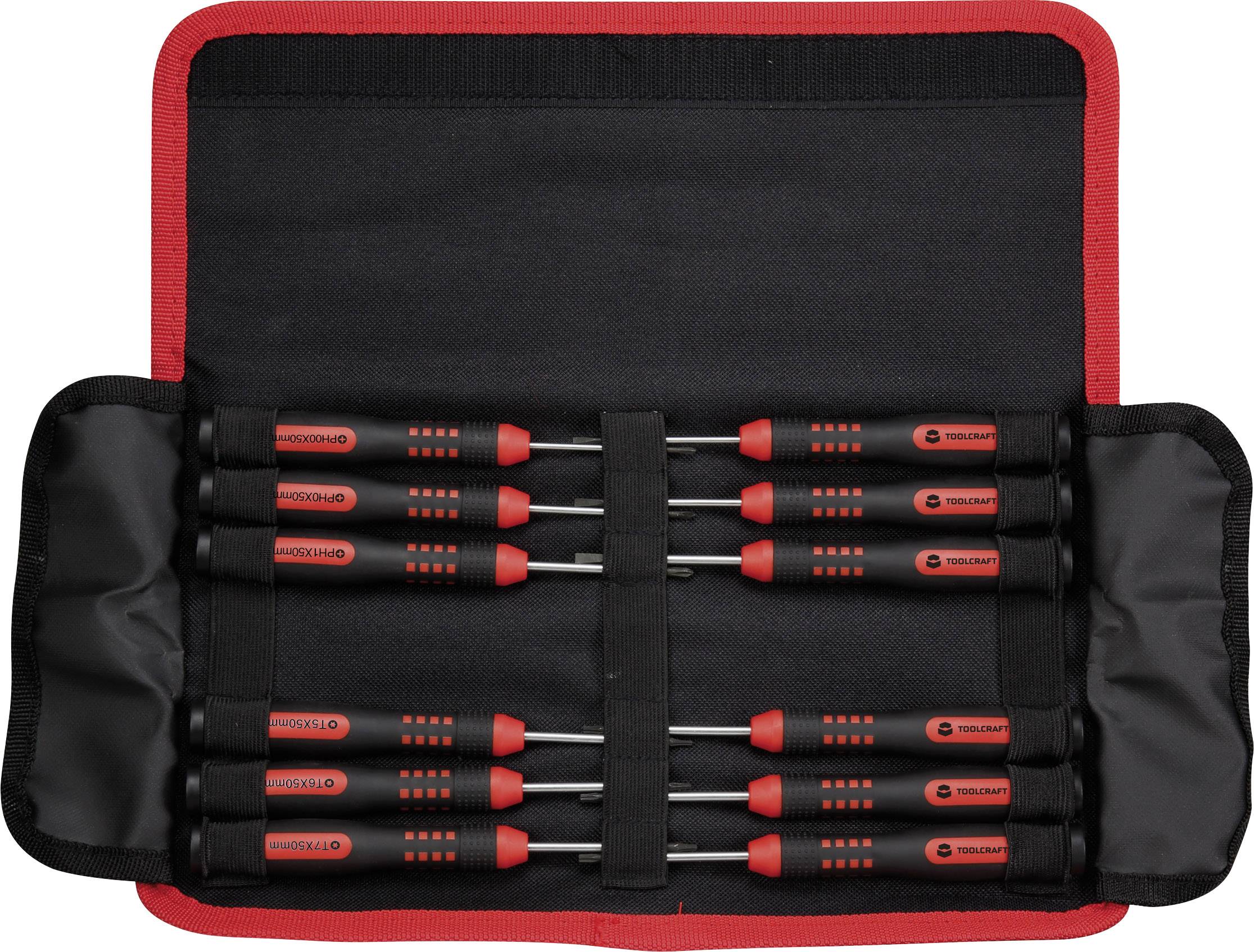 A set of nine screwdrivers with red handles in a fold-out black case with a red trim.