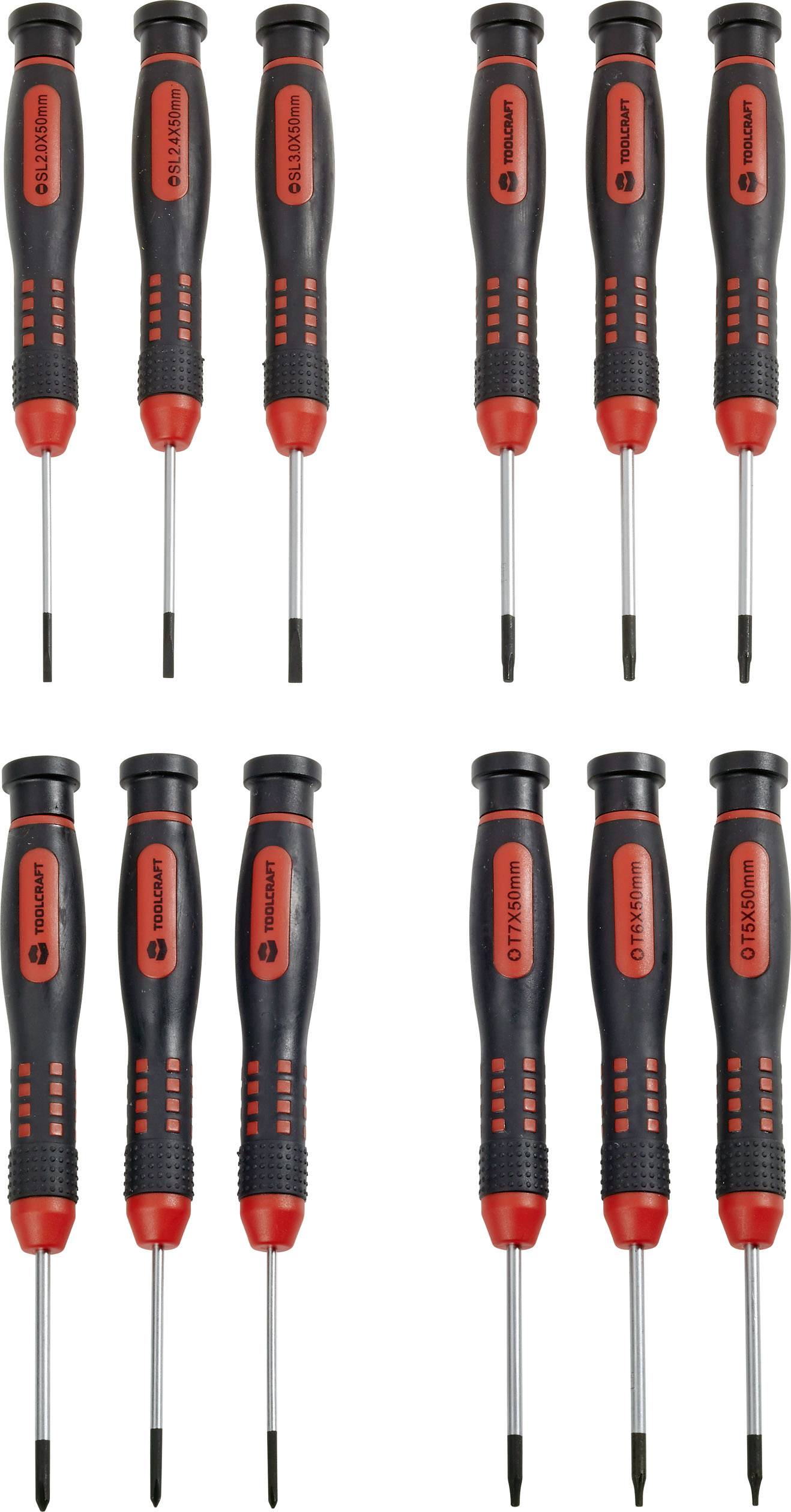 A set of twelve screwdrivers with black handles and red tips, evenly arranged. Ideal for precision work.