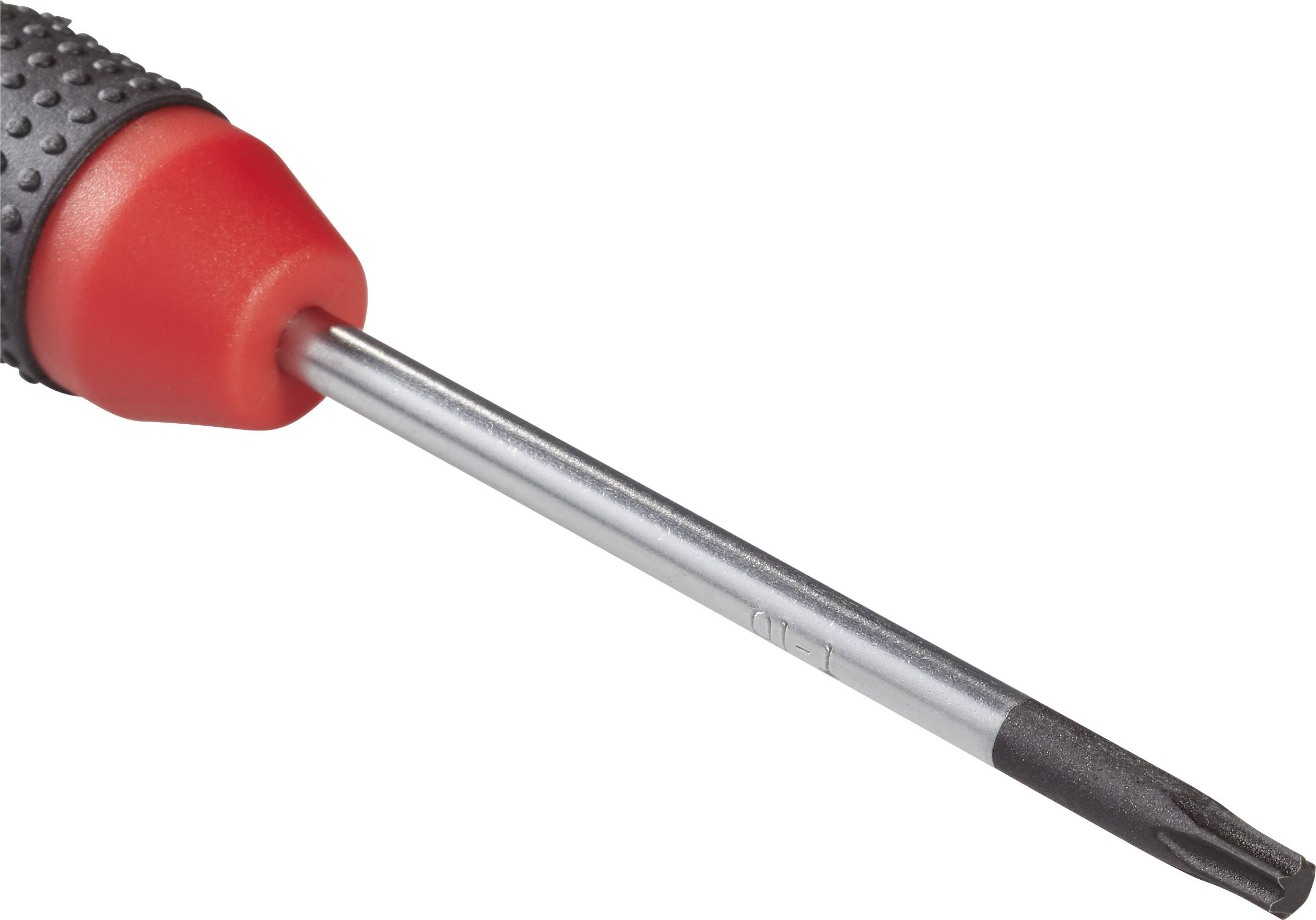 Close-up of a screwdriver with a black handle and red accent. The shaft is made of metal and ends in a cross-head tip.