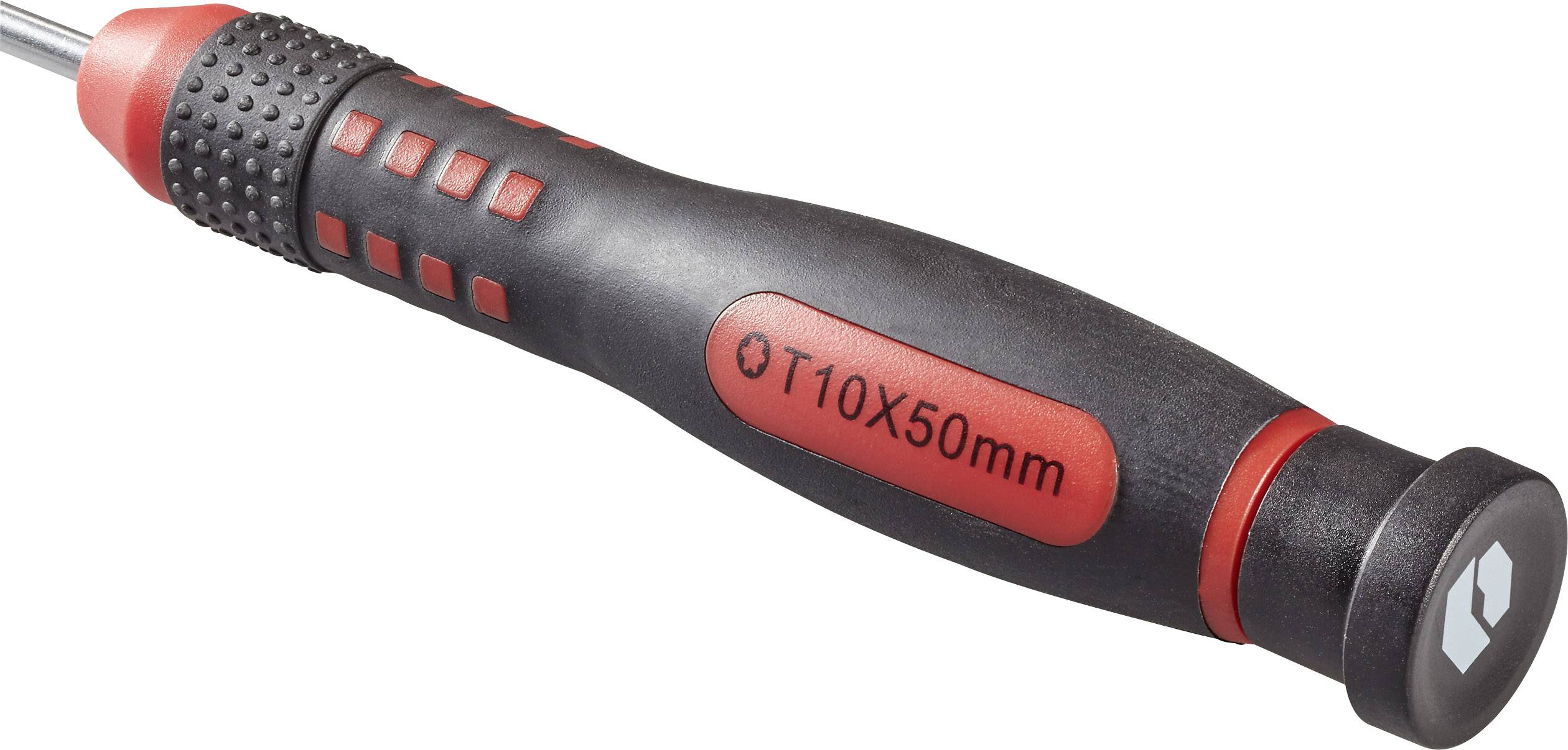 Black screwdriver handle with red accents, labelled 'T10X50mm', shows ergonomic design for improved grip.