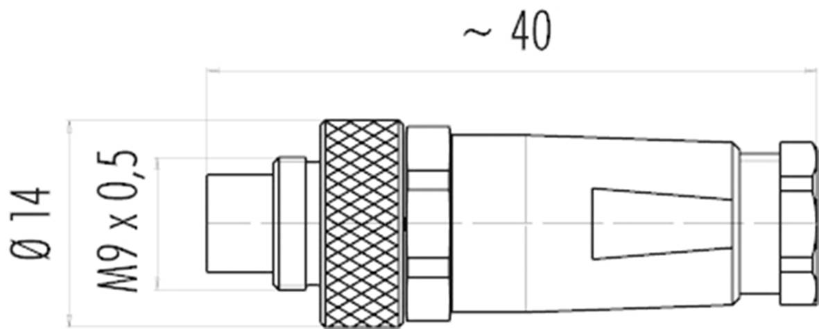 Technical drawing of a metal connector with M9 x 0.5 thread, total length approx. 40 mm, diameter 14 mm.