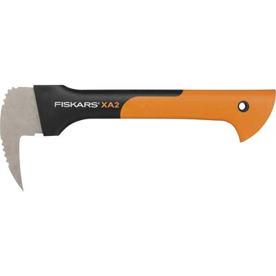 An orange and black log splitter with the 'Fiskars' brand on the handle and a serrated metal head.