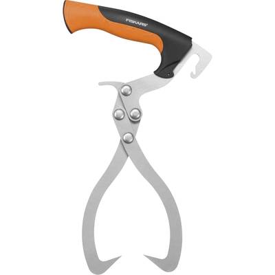 A silver gripping tool with an orange-black handle, suitable for lifting and transporting timber logs or building materials.