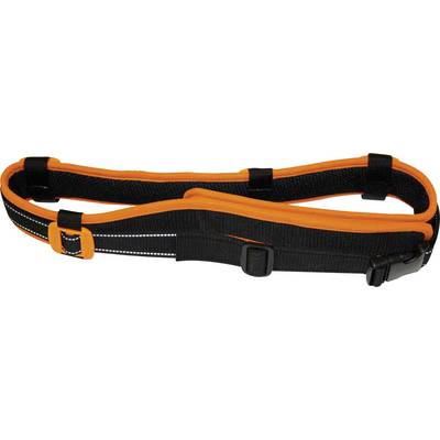 A black and orange adjustable shoulder strap with buckles and padding. Suitable for transport purposes.