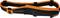 A black and orange adjustable shoulder strap with buckles and padding. Suitable for transport purposes.