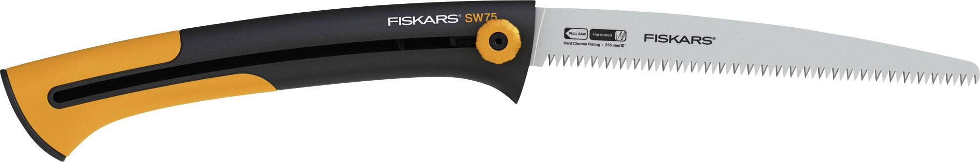 A pruning saw with an ergonomic handle, orange-black, Fiskars brand. Ideal for cutting branches and small tree trunks.