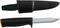 A black knife with a black sheath and an orange accent on the handle. Suitable for safe transport and storage.