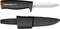 Two knives in the illustration: A black one with orange lettering 'Fiskars K40' and a black sheath, also labelled 'Fiskars'.
