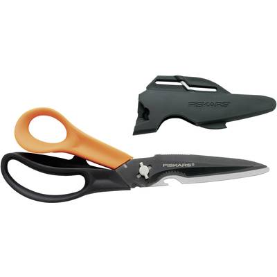 A multi-purpose scissors with an orange and black handle and removable protective cap, suitable for various cutting tasks.