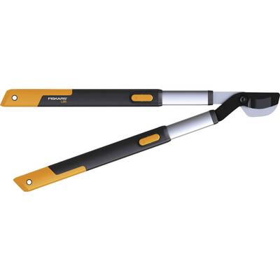 Garden secateurs with a yellow and black handle and silver blade, ergonomically shaped, for cutting branches and twigs.