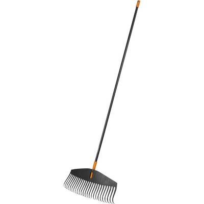 Garden rake with a long handle, black head, and curved tines for gathering leaves or garden waste.
