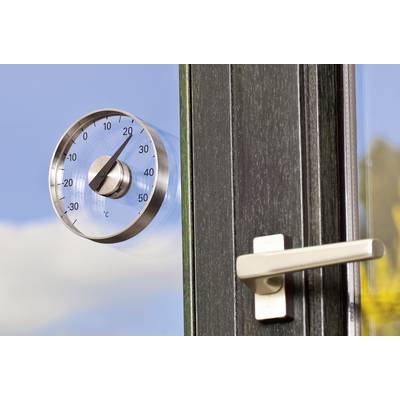 External window thermometer shows approximately 20 degrees Celsius. Beneath it, a white window handle is installed in a closed window.