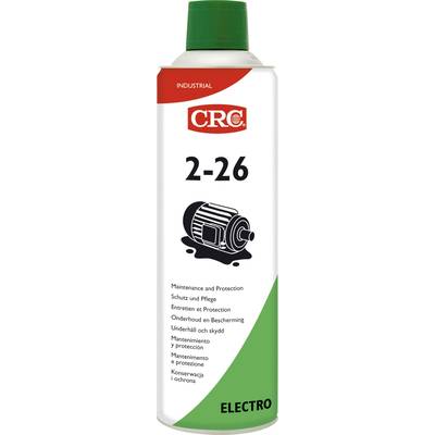 Spray can with the inscription 'CRC 2-26'. Industrial product for maintenance and protection. Contains symbol of an electric motor.