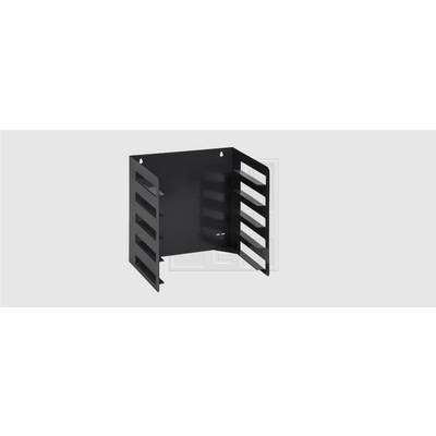 Black, rectangular wall-mounted shelf with side ventilation slots for mounting technical equipment.
