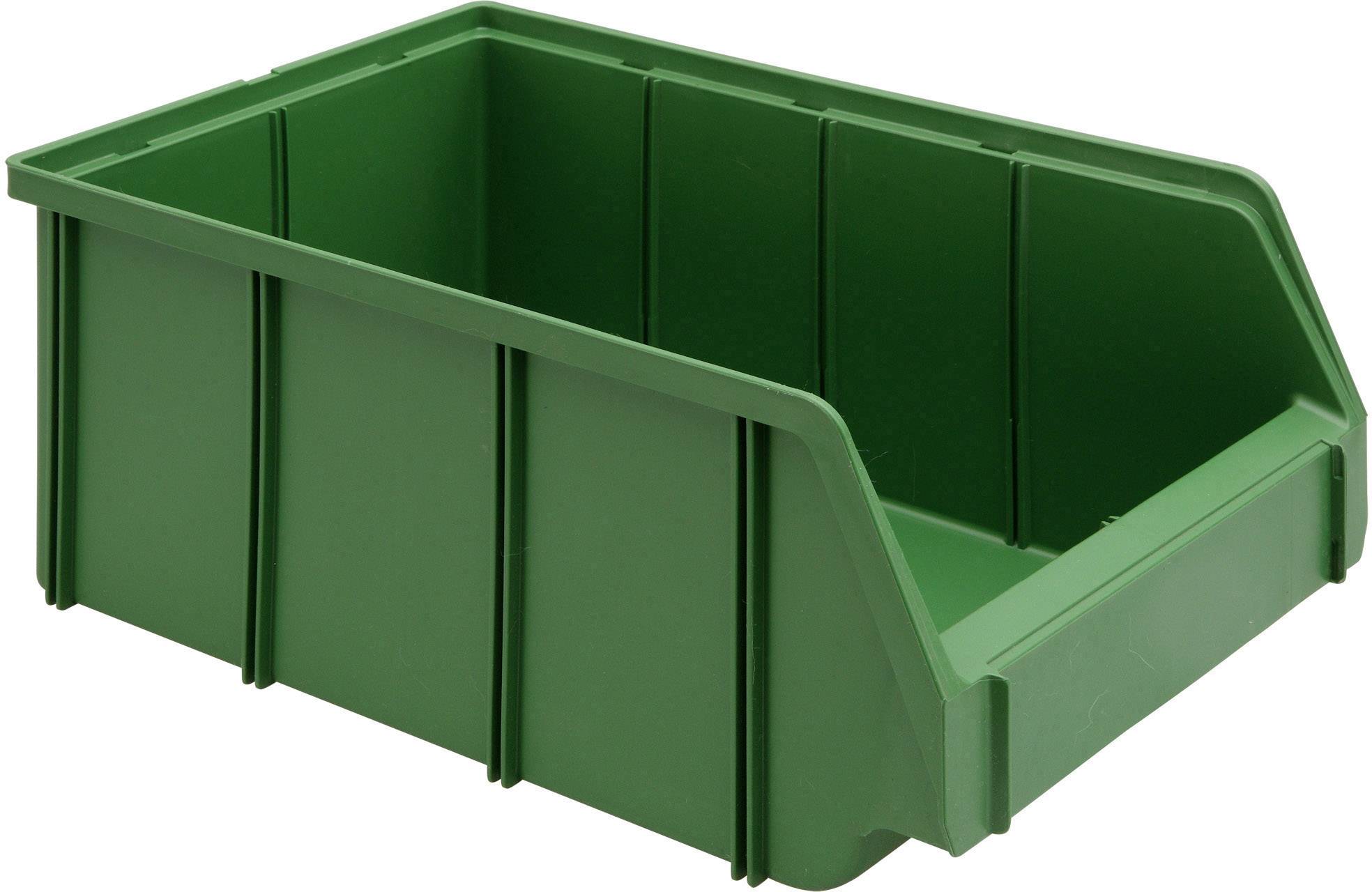 Green storage box with an open front, suitable for storage and easy access to contents.