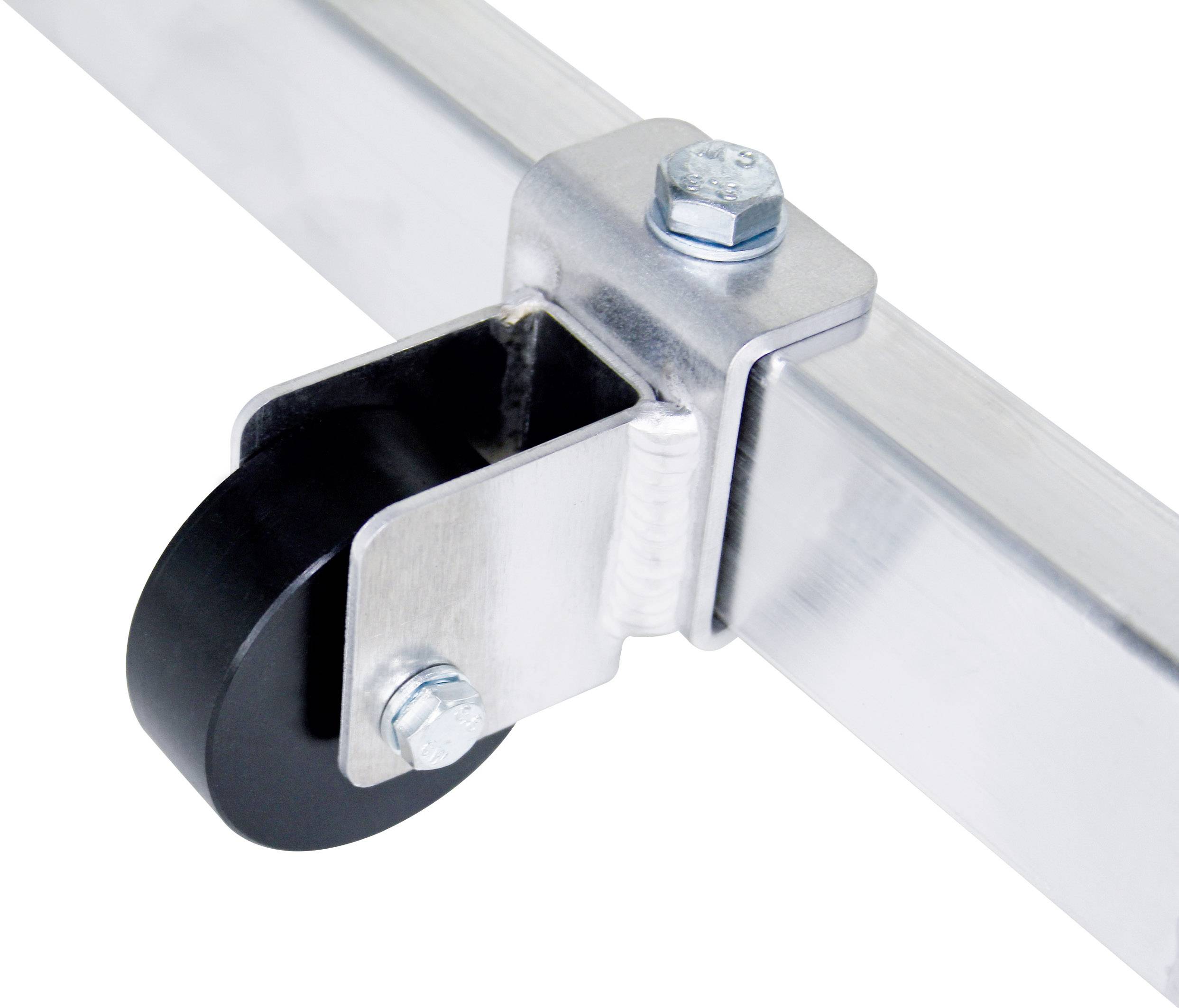 A small black wheel on a metal bracket, attached to a square metal frame, secured with screws.